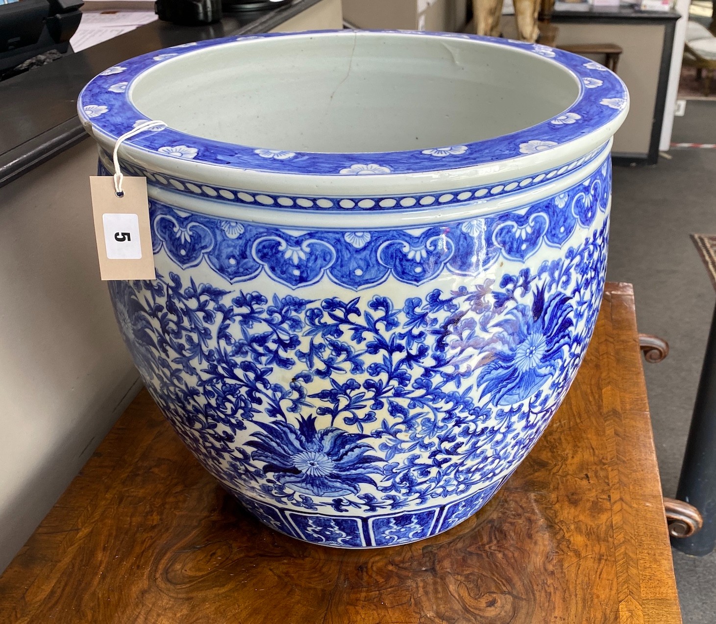 A 20th century Chinese blue and white jardiniere, diameter 42cm, height 38cm